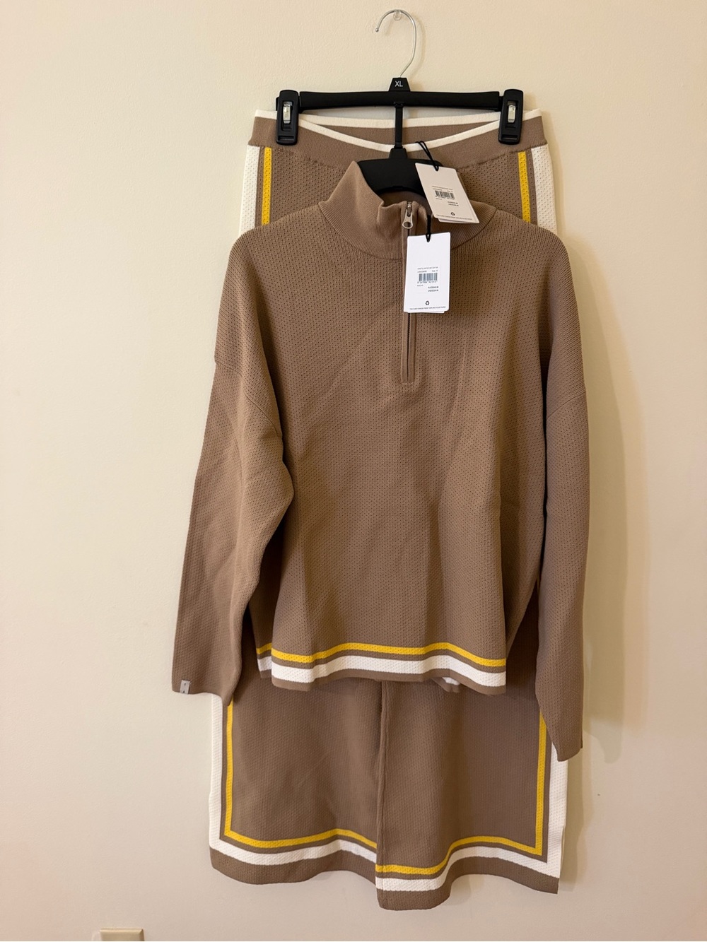 The Upside Taupe Half-Zip Knit Sweater with Yellow & White Trim